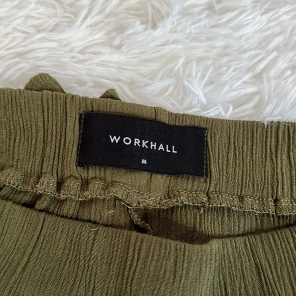 Workhall Olive Green Paper Bag Pleated Stripe Shorts - Picture 6 of 8